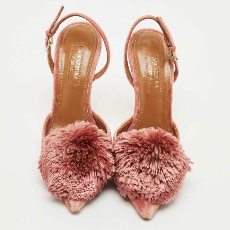 مملوكة مسبقًا Aquazzura Rose Pink Velvet Powder Puff Pom Pom Slingback Pumps Size 35