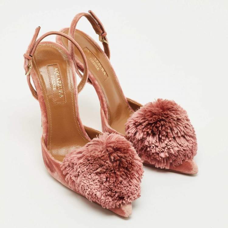 مملوكة مسبقًا Aquazzura Rose Pink Velvet Powder Puff Pom Pom Slingback Pumps Size 35