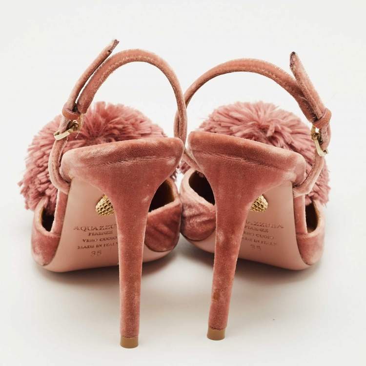 مملوكة مسبقًا Aquazzura Rose Pink Velvet Powder Puff Pom Pom Slingback Pumps Size 35