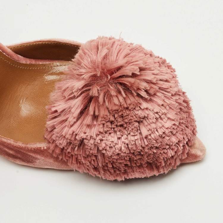 مملوكة مسبقًا Aquazzura Rose Pink Velvet Powder Puff Pom Pom Slingback Pumps Size 35