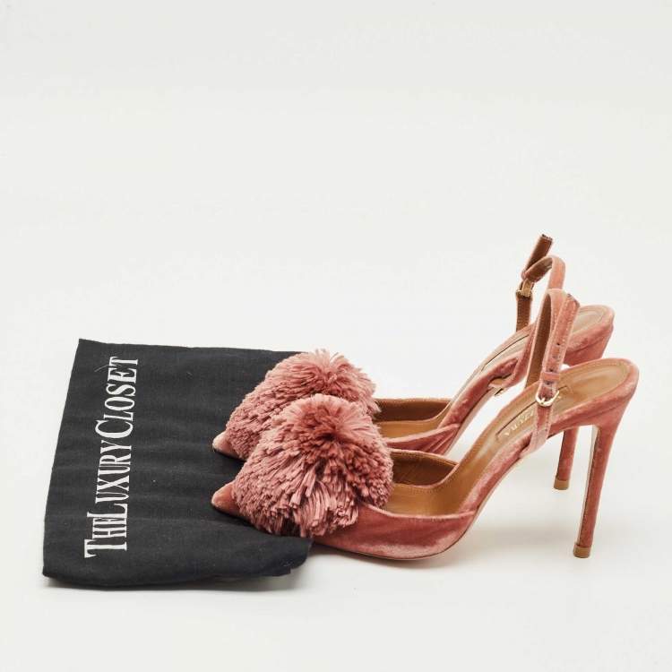 مملوكة مسبقًا Aquazzura Rose Pink Velvet Powder Puff Pom Pom Slingback Pumps Size 35