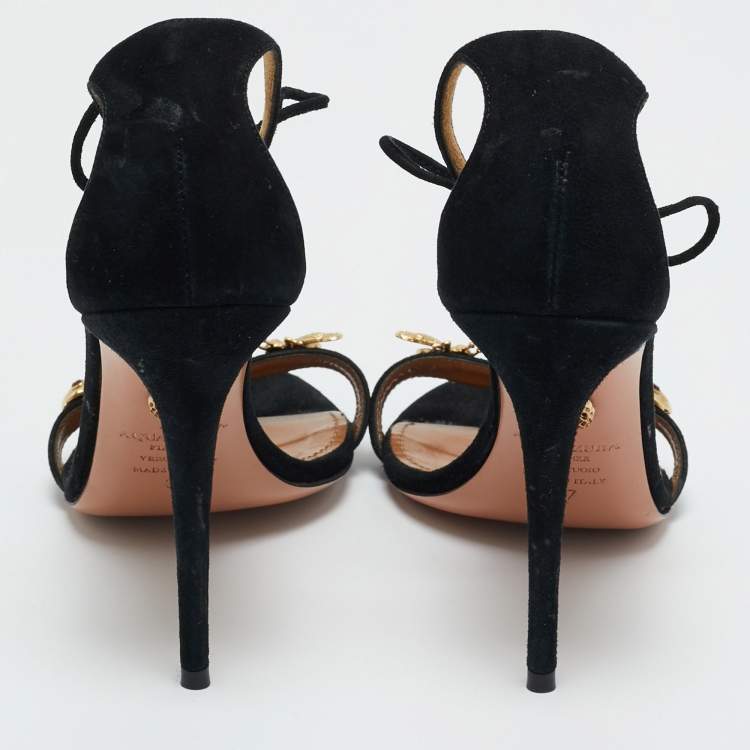 Pre Owned Aquazzura Black Suede Bees Embellished Ankle Strap Sandals Size 37