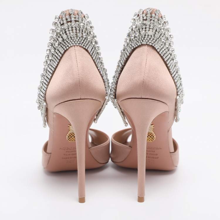Pre Owned Aquazzura Nude Pink Satin Crystal Embellished Concorde D'orsay Pumps Size 38.5