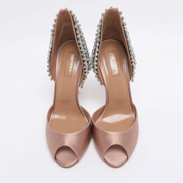 Pre Owned Aquazzura Nude Pink Satin Crystal Embellished Concorde D'orsay Pumps Size 38.5