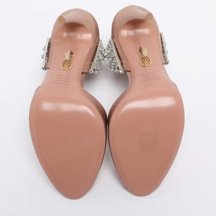 Pre Owned Aquazzura Nude Pink Satin Crystal Embellished Concorde D'orsay Pumps Size 38.5