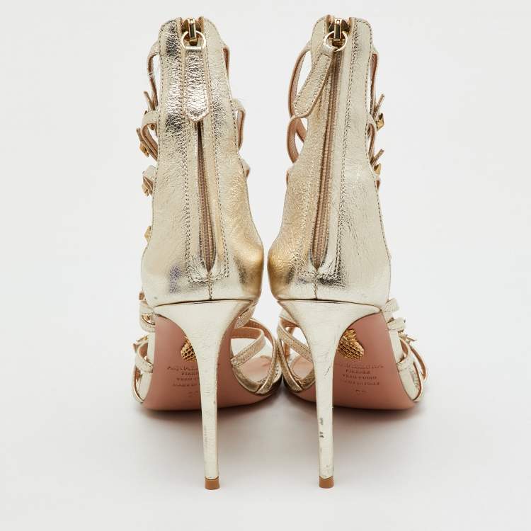 Pre Owned Aquazzura Metallic Gold Leather Star Studded Ankle Strappy Sandals Size 38