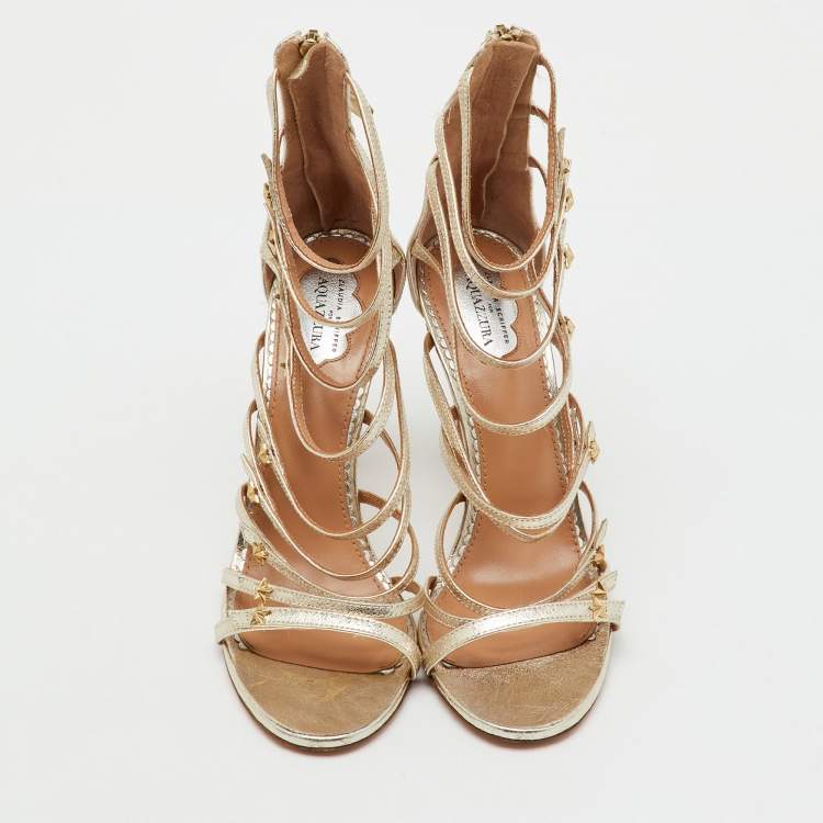 Pre Owned Aquazzura Metallic Gold Leather Star Studded Ankle Strappy Sandals Size 38