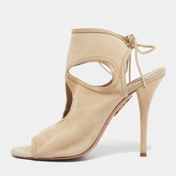 Pre Owned Aquazzura Beige Suede Sexy Thing Cut Out Ankle Tie Up Sandals Size 37