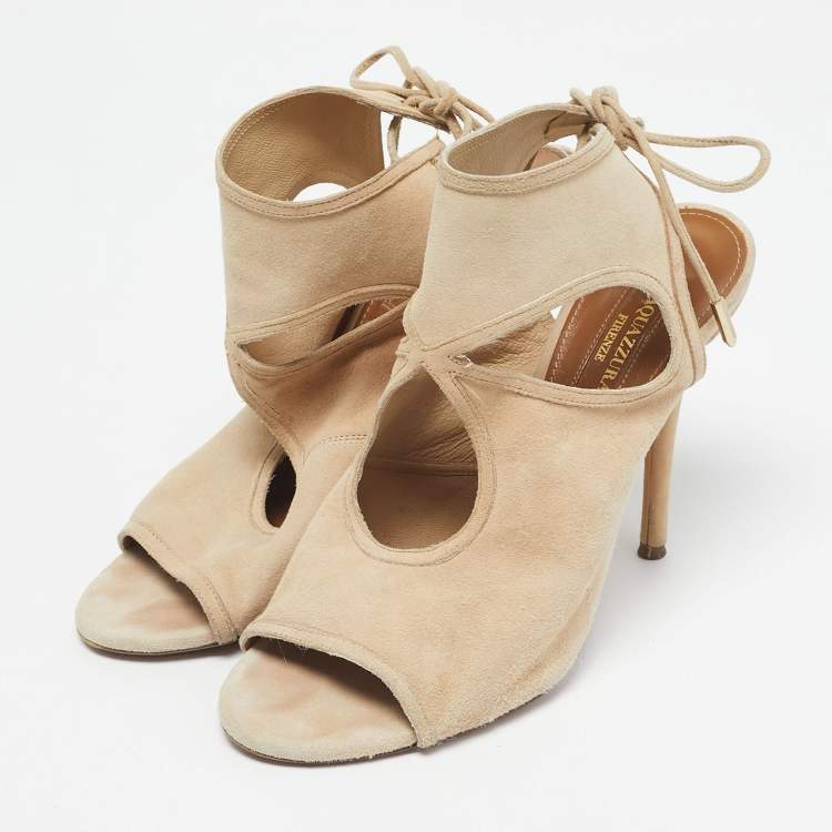 Pre Owned Aquazzura Beige Suede Sexy Thing Cut Out Ankle Tie Up Sandals Size 37