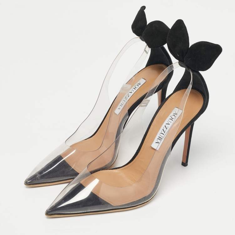 Pre Owned Aquazzura Transparent/ Black PVC and Suede Bow Tie Pumps Size 37