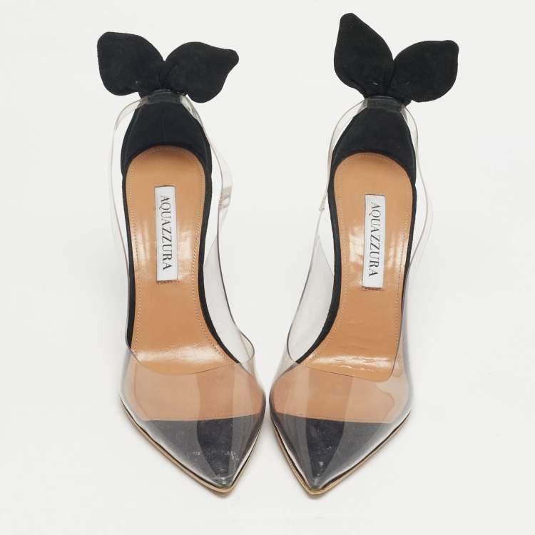 Pre Owned Aquazzura Transparent/ Black PVC and Suede Bow Tie Pumps Size 37