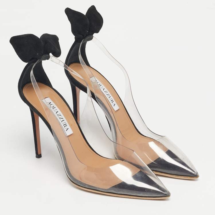 Pre Owned Aquazzura Transparent/ Black PVC and Suede Bow Tie Pumps Size 37