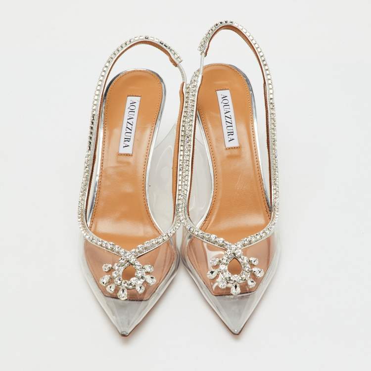 Pre Owned Aquazzura Transparent/Silver PVC and Leather Seduction Crystal Slingback Pumps Size 39.5