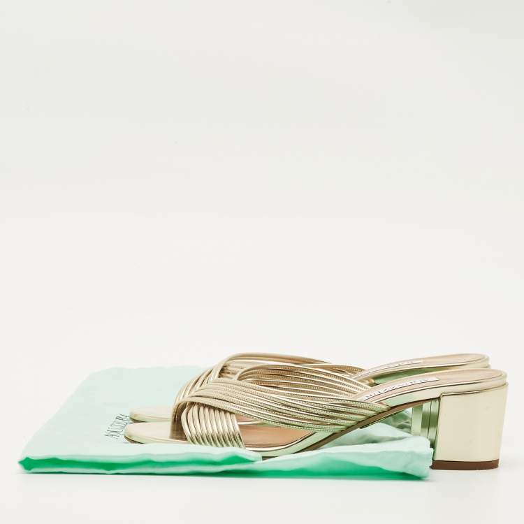 Pre Owned Aquazzura Gold Leather Crisscross Slide Sandals Size 38