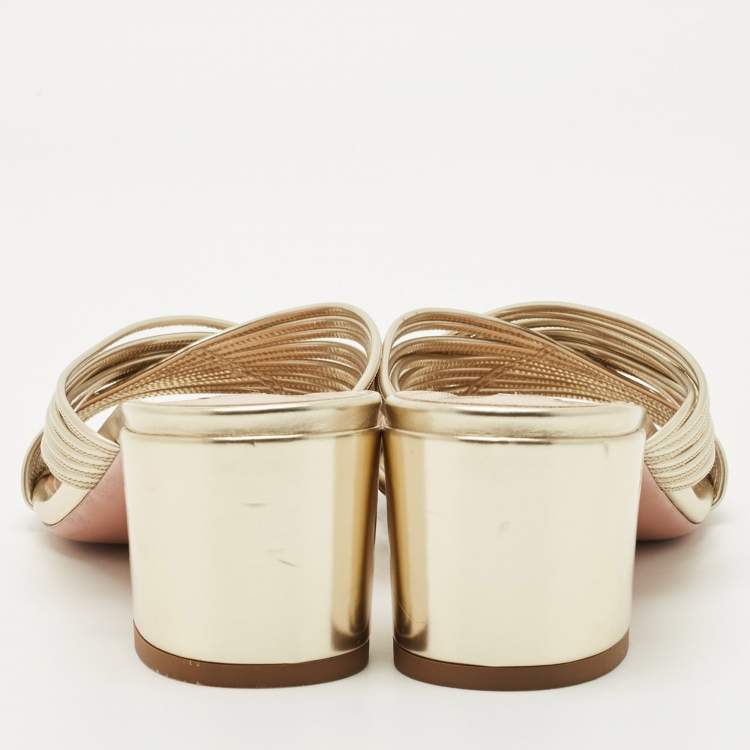 Pre Owned Aquazzura Gold Leather Crisscross Slide Sandals Size 38