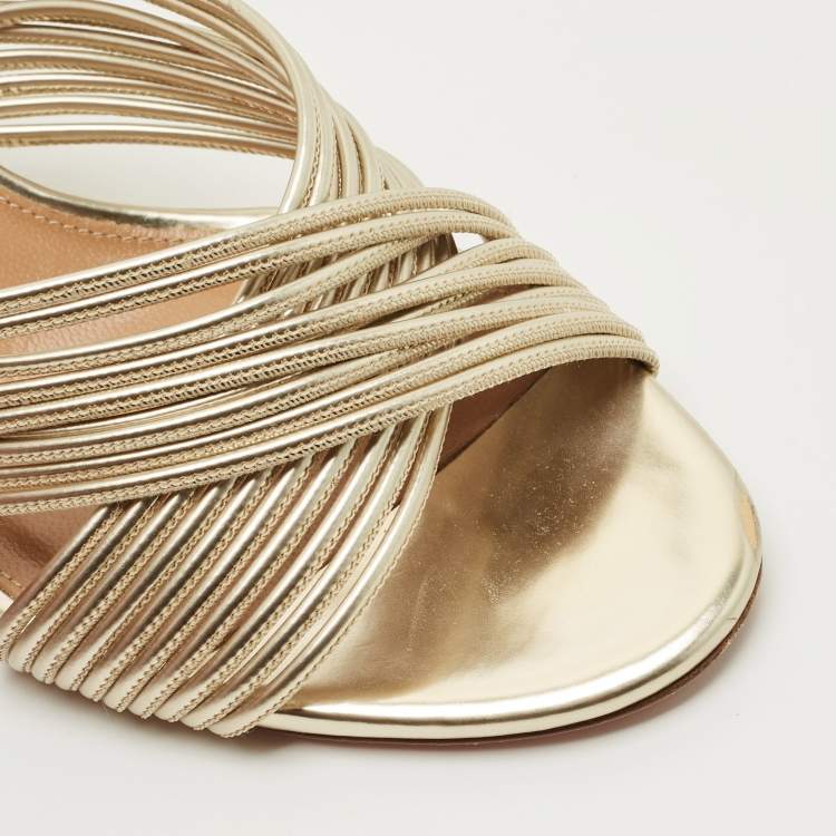 Pre Owned Aquazzura Gold Leather Crisscross Slide Sandals Size 38