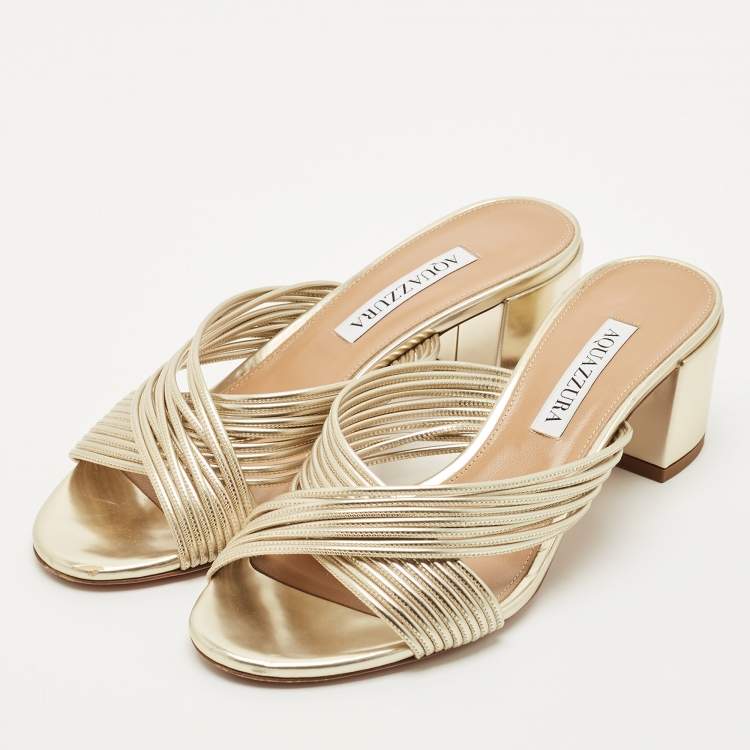 Pre Owned Aquazzura Gold Leather Crisscross Slide Sandals Size 38