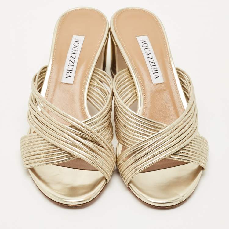 Pre Owned Aquazzura Gold Leather Crisscross Slide Sandals Size 38