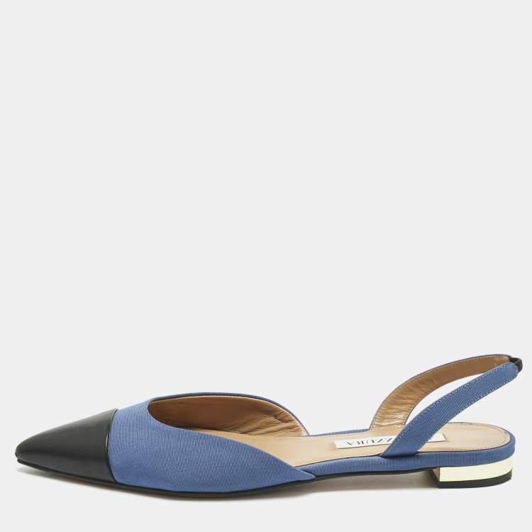 Pre Owned Aquazzura Black/Blue Canvas and Leather Marrakech Slingback Flats Size 37