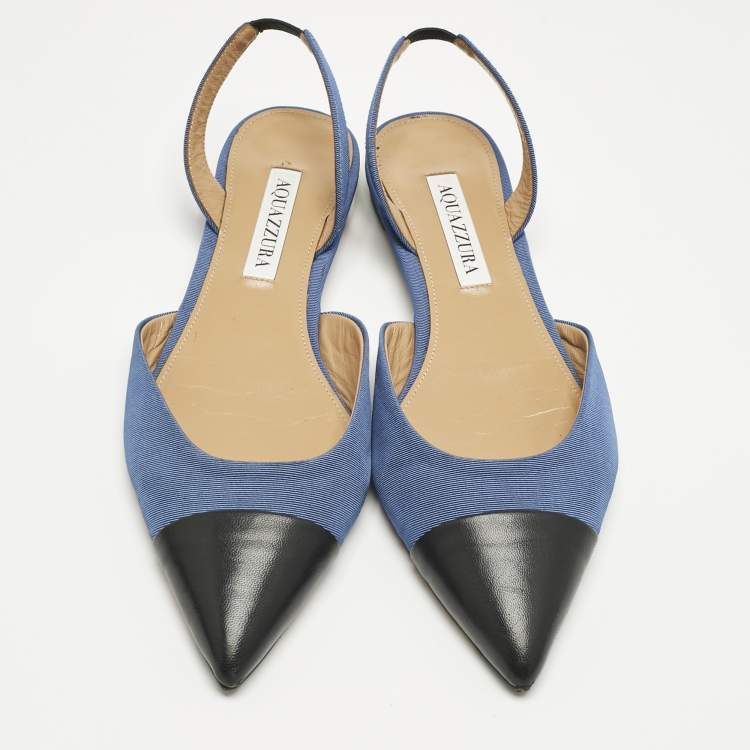 Pre Owned Aquazzura Black/Blue Canvas and Leather Marrakech Slingback Flats Size 37