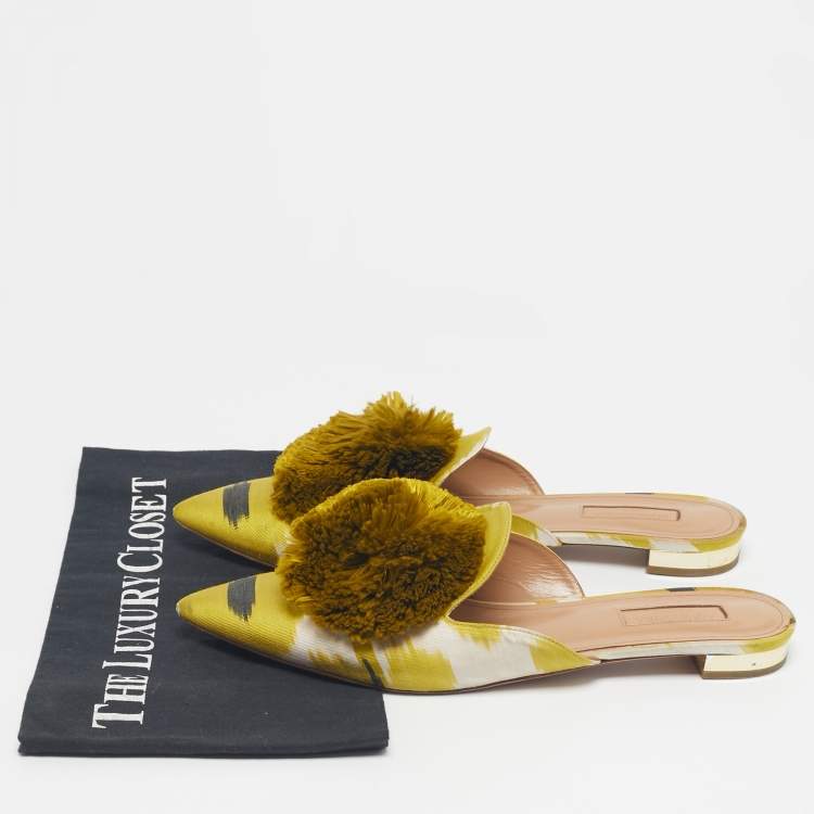 Pre Owned Aquazzura Green Velvet Powder Puff Pom Pom Flat Mules Size 40