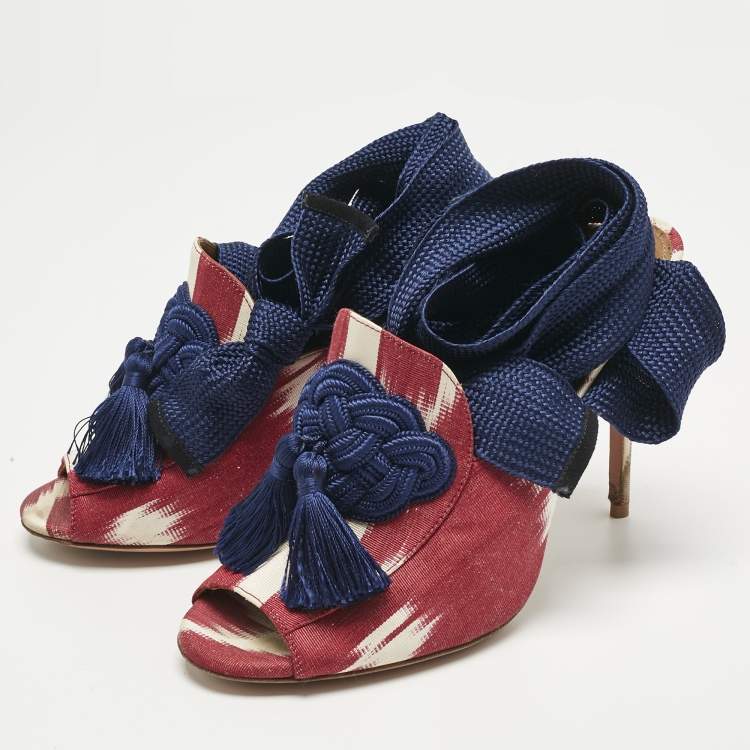 Pre Owned Aquazzura Burgundy/White Canvas Tassel Ankle Tie  Sandals Size 37.5