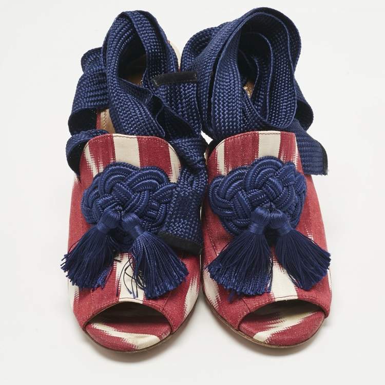Pre Owned Aquazzura Burgundy/White Canvas Tassel Ankle Tie  Sandals Size 37.5