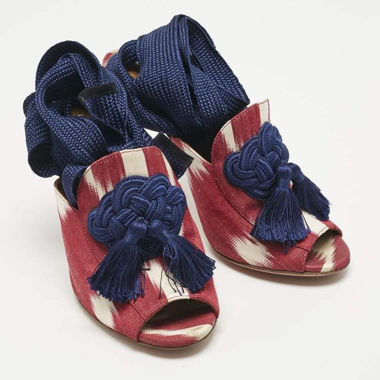 Pre Owned Aquazzura Burgundy/White Canvas Tassel Ankle Tie  Sandals Size 37.5
