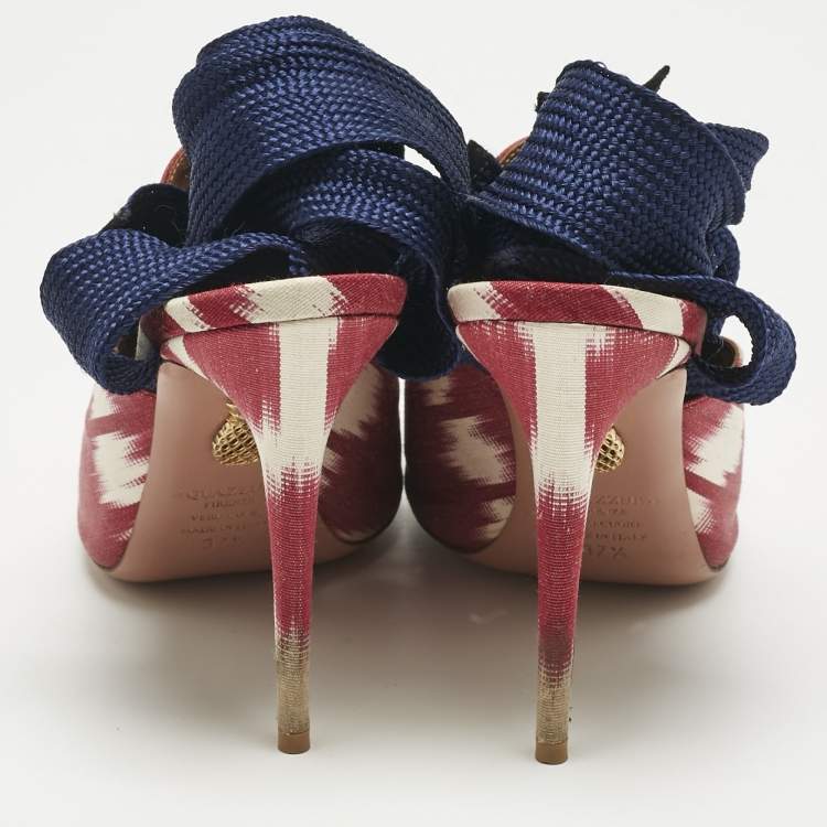 Pre Owned Aquazzura Burgundy/White Canvas Tassel Ankle Tie  Sandals Size 37.5