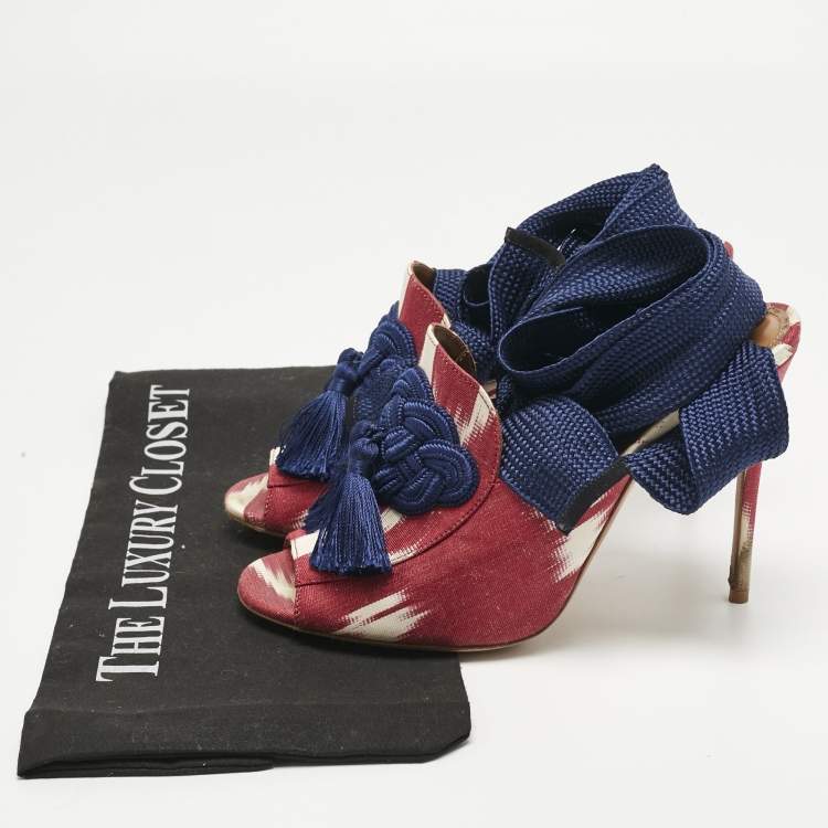 Pre Owned Aquazzura Burgundy/White Canvas Tassel Ankle Tie  Sandals Size 37.5