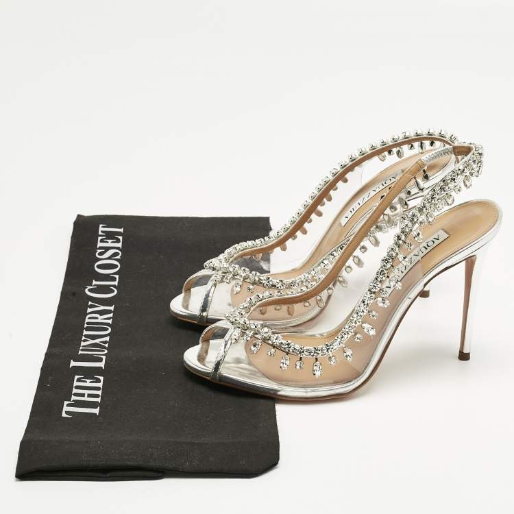 Pre Owned Aquazzura Transparent/Silver Patent Leather and PVC Temptation Slingback Sandals Size 36.5