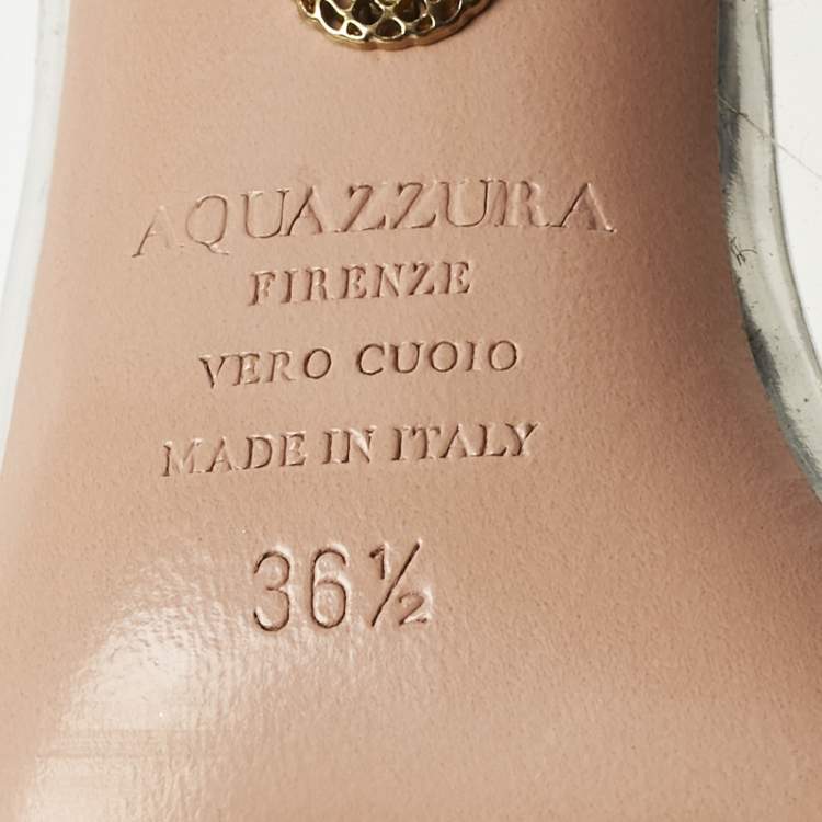 Pre Owned Aquazzura Transparent/Silver Patent Leather and PVC Temptation Slingback Sandals Size 36.5