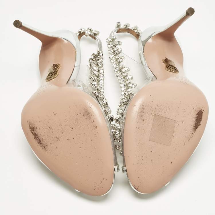 Pre Owned Aquazzura Transparent/Silver Patent Leather and PVC Temptation Slingback Sandals Size 36.5