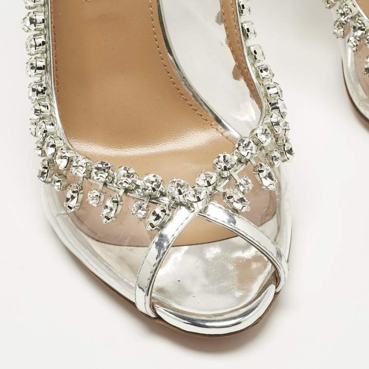 Pre Owned Aquazzura Transparent/Silver Patent Leather and PVC Temptation Slingback Sandals Size 36.5