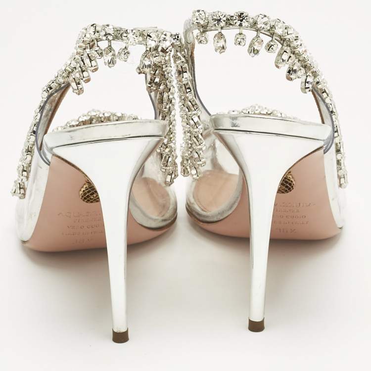 Pre Owned Aquazzura Transparent/Silver Patent Leather and PVC Temptation Slingback Sandals Size 36.5