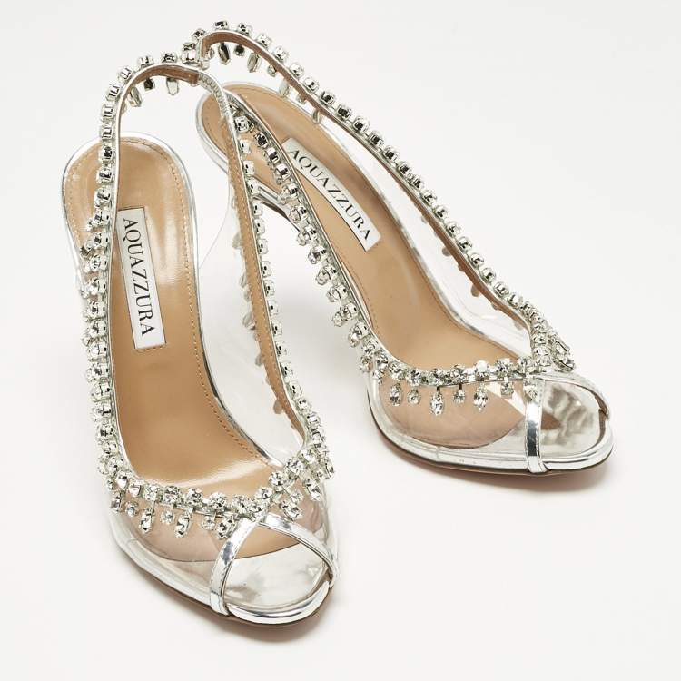 Pre Owned Aquazzura Transparent/Silver Patent Leather and PVC Temptation Slingback Sandals Size 36.5