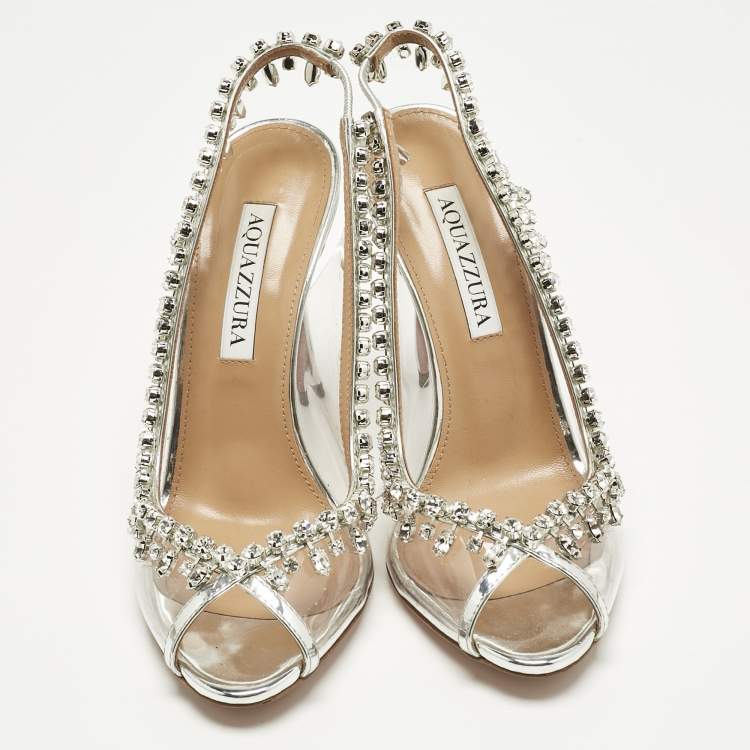 Pre Owned Aquazzura Transparent/Silver Patent Leather and PVC Temptation Slingback Sandals Size 36.5