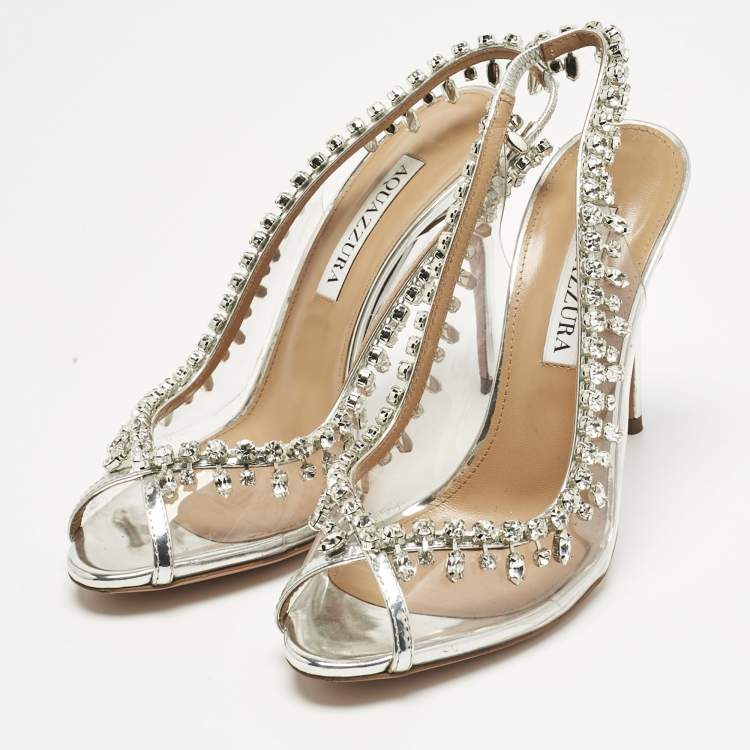 Pre Owned Aquazzura Transparent/Silver Patent Leather and PVC Temptation Slingback Sandals Size 36.5