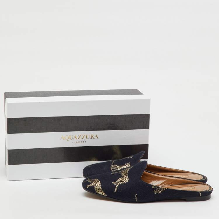 مملوكة مسبقًا Aquazzura Black Jacquard Panther Embroidered Flat Mules Size 37.5