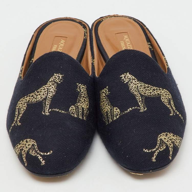 مملوكة مسبقًا Aquazzura Black Jacquard Panther Embroidered Flat Mules Size 37.5