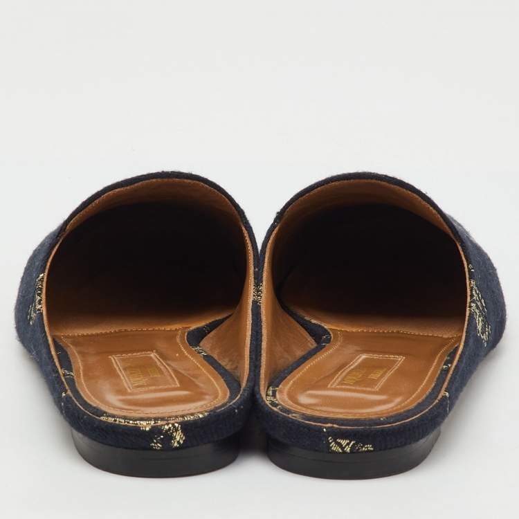 مملوكة مسبقًا Aquazzura Black Jacquard Panther Embroidered Flat Mules Size 37.5