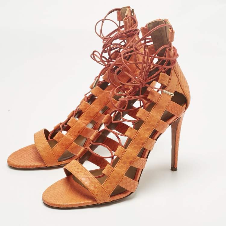 Pre Owned Aquazzura Orange Python Leather Amazon Lace Up Open Toe Sandals Size 41