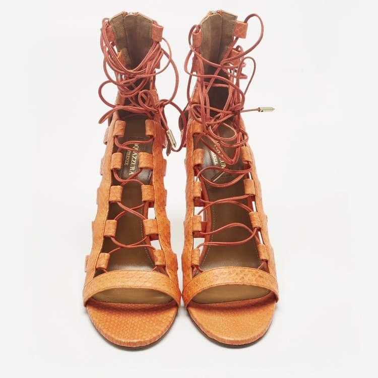 Pre Owned Aquazzura Orange Python Leather Amazon Lace Up Open Toe Sandals Size 41