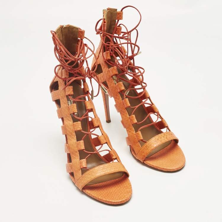 Pre Owned Aquazzura Orange Python Leather Amazon Lace Up Open Toe Sandals Size 41