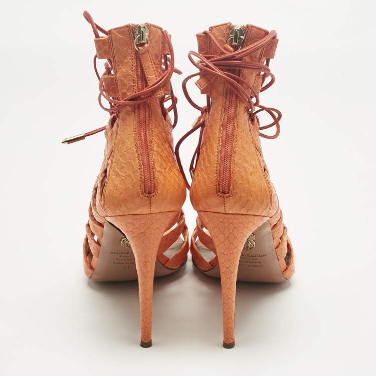 Pre Owned Aquazzura Orange Python Leather Amazon Lace Up Open Toe Sandals Size 41