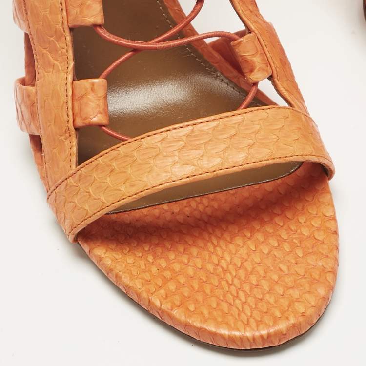 Pre Owned Aquazzura Orange Python Leather Amazon Lace Up Open Toe Sandals Size 41
