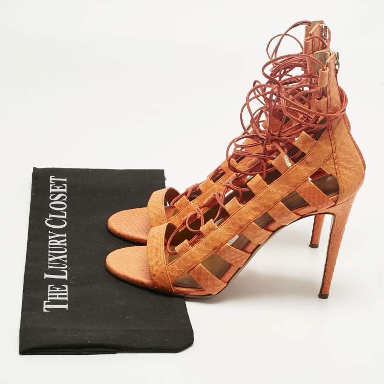 Pre Owned Aquazzura Orange Python Leather Amazon Lace Up Open Toe Sandals Size 41
