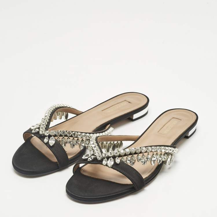 Pre Owned Aquazzura Black Satin Gem Palace Crystal Embellish  Flat Slide Size 38.5