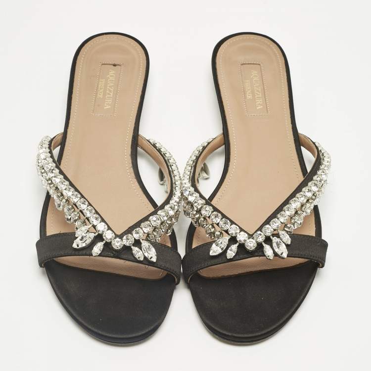 Pre Owned Aquazzura Black Satin Gem Palace Crystal Embellish  Flat Slide Size 38.5