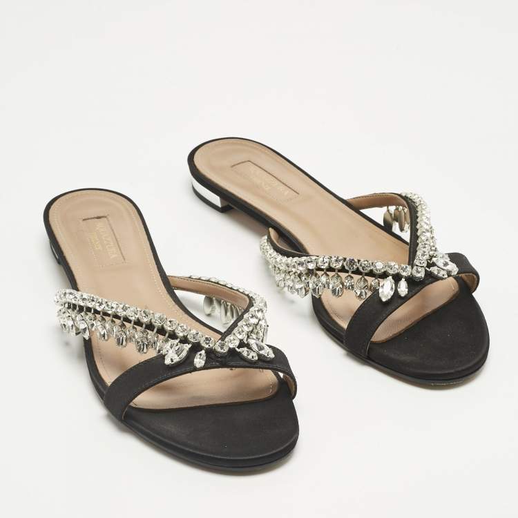 Pre Owned Aquazzura Black Satin Gem Palace Crystal Embellish  Flat Slide Size 38.5